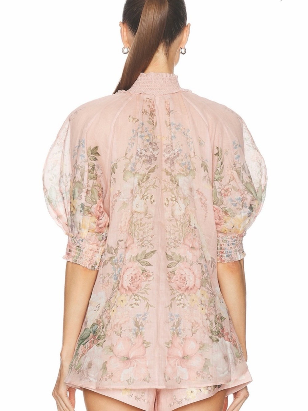 Zimmermann Dusty Pink Floral Smocked-Neck Blouse - Picture 6 of 8